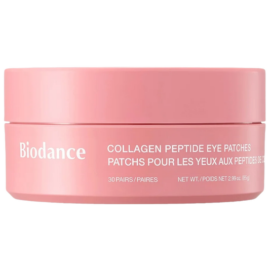 Biodance Collagen Peptide Eye Patches in a pink cylindrical jar with white text, on a plain white background.