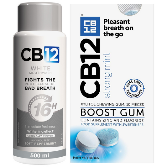 CB12 Whitening Mouthwash Soft Peppermint 500ml & Boost Strong Mint Chewing Gum x10 Twin