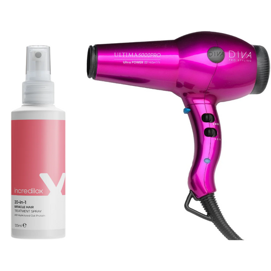 Diva Pro Ultima 5000 Pro Hair Dryer Pink & Incredilox 20-In-1 Treatment Spray 125ml Duo
