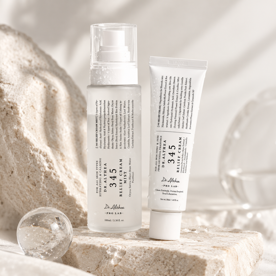 Dr. Althea 345 Relief Cream and 345 Relief Cream Mist Korean skincare duo displayed on a neutral stone backdrop.