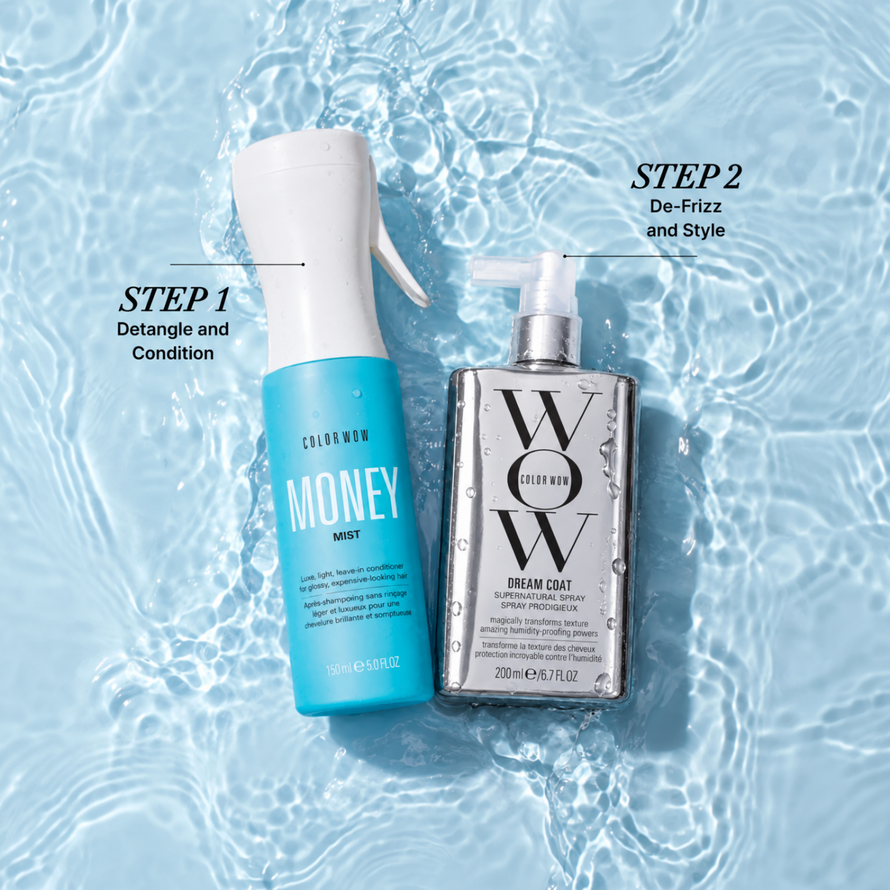 Color Wow Money Mist and Dream Coat Supernatural Spray two-step haircare routine for detangling, conditioning and anti-frizz styling.