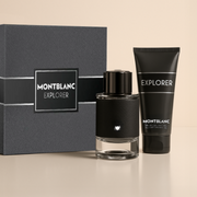 Montblanc Explorer fragrance gift set with eau de parfum and body care displayed besides the box.