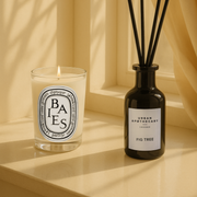 Diptyque candle and Urban Apothecary Fig Tree diffuser displayed in a warm, sunlit home setting.