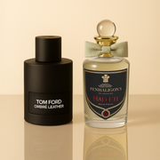 Tom Ford Ombre Leather and Penhaligon’s Halfeti fragrances displayed on a warm beige background.