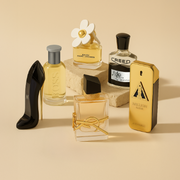A selection of fragrances, including Marc Jacobs, Creed, BOSS, Carolina Herrera, Paco Rabanne and YSL, displayed on a warm beige background.
