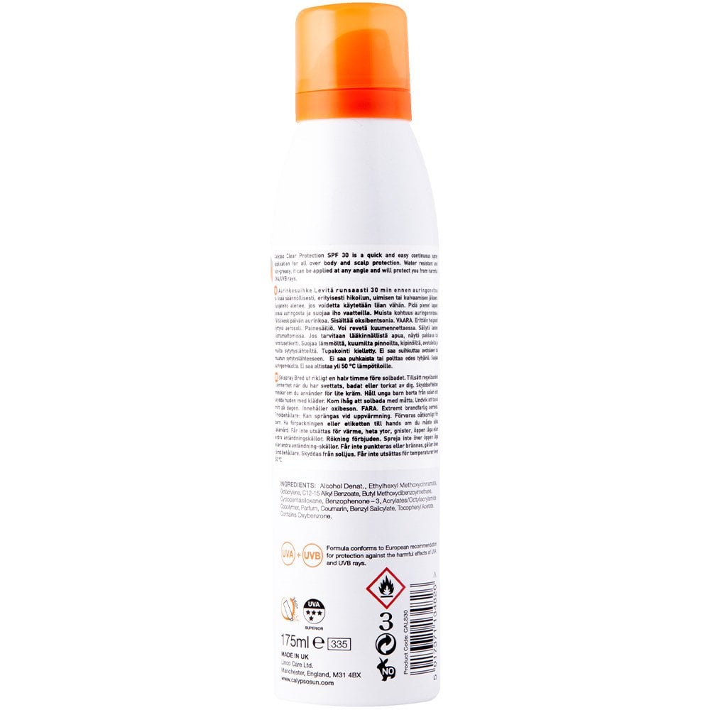 Calypso Clear Protection SPF30 – Transparentes Sonnenspray, Wasserabweisend, Für Körper & Kopfhaut