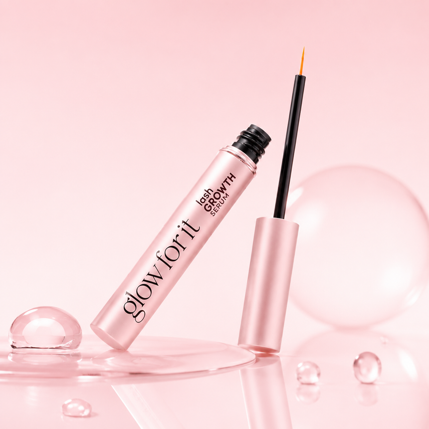 Glow For It Lash Growth Serum displayed against a glossy pink backdrop with clear, bubble-like textures.